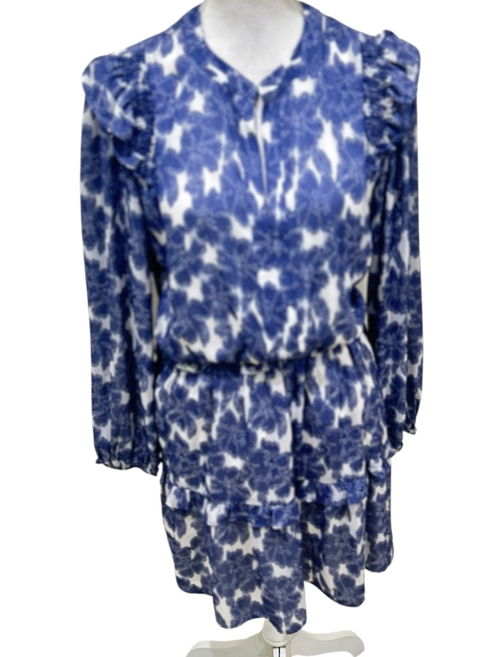Current Air denim Blue & White floral Long Sleeve Tiered mini Dress medium